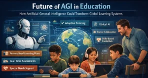 Illustration showing the future of AGI in education, with a humanoid AI tutor guiding personalized learning for diverse students using tablets, a teacher collaborating alongside, and visual elements highlighting adaptive tutoring, ethical AI, real-time assessment, special needs support, and a comparison of AGI versus narrow AI in global education systems.