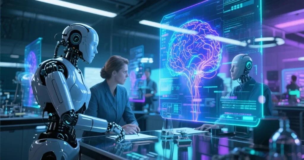 Futuristic AI systems interacting with humans.